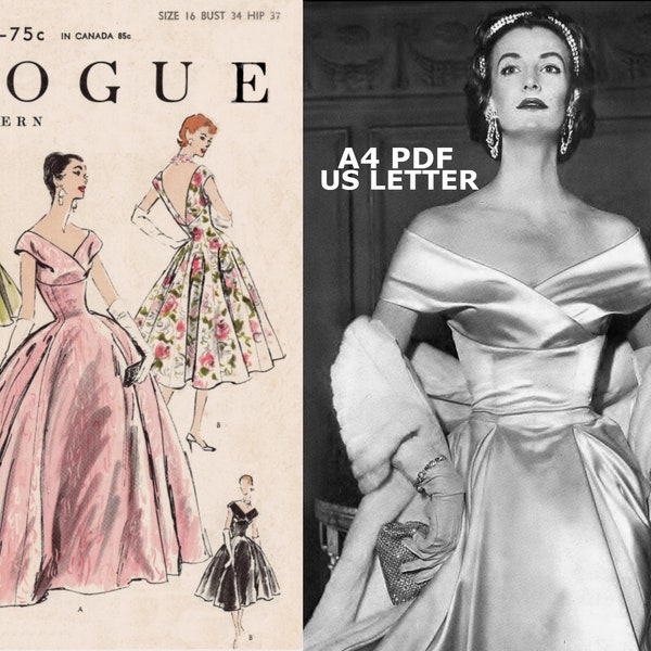 Vintage 1950s Vogue 8817 Wedding, Bridesmaid, Party Dress Pattern PDF Instant Digital Download A4 And US LETTER Size Print At Home Bust 34"