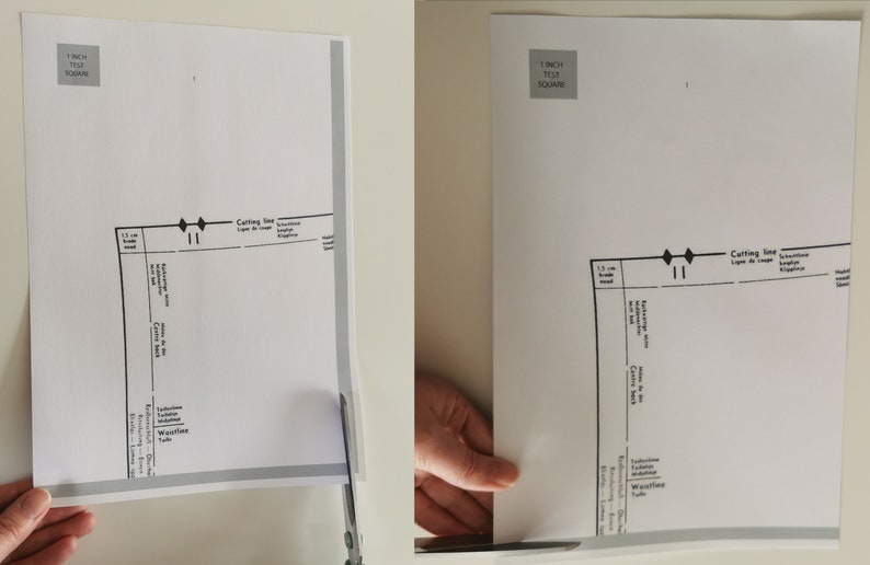 Op de afbeelding: Twee witte vellen papier met een zwarte snijlijn die op elk vel is gemarkeerd. De tekst "1 inch test square" is gedrukt in de linkerbovenhoek van elk vel. De vellen worden met een schaar geknipt.
