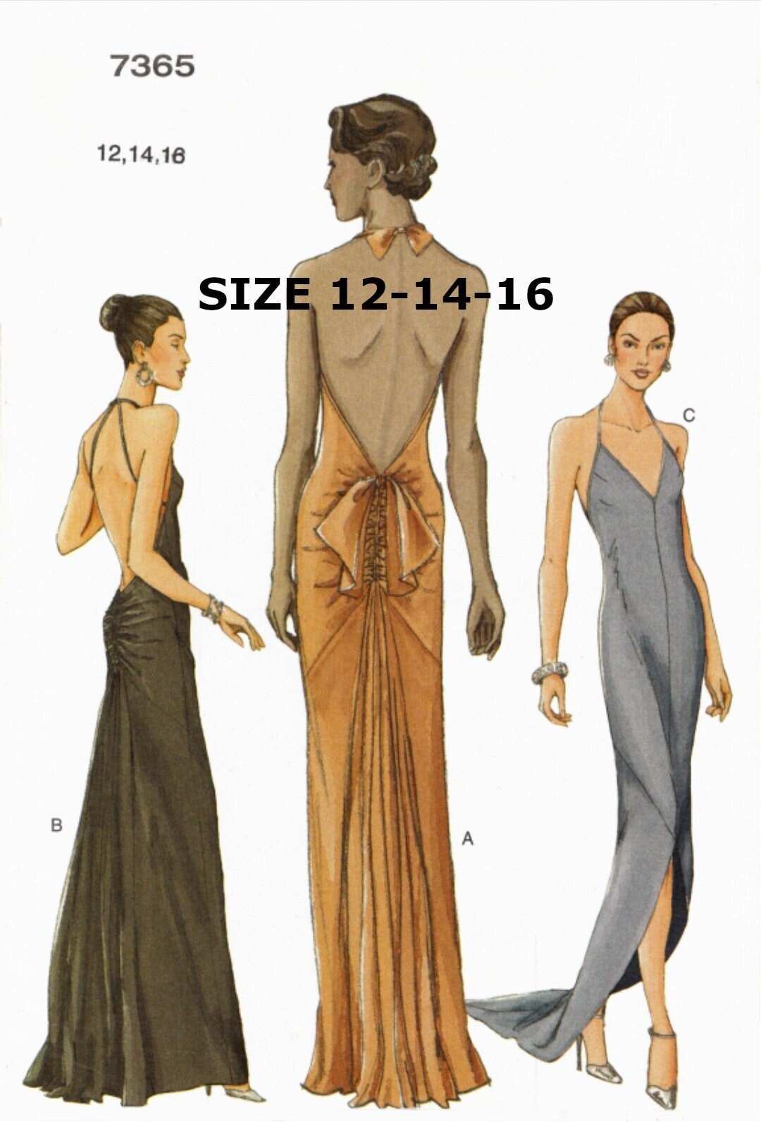 Wzór na suknię wieczorową Vintage Vogue 7365 do pobrania w formacie PDF w formacie cyfrowym A4 i US LETTER Wydrukuj w domu Rozmiar 12, 14, 16 B34"-38"
