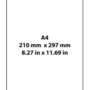 Op de afbeelding: Een wit vel papier met de tekst "A4" en de afmetingen "210 mm x 297 mm" en "8,27 inch x 11,69 inch" erop gedrukt.