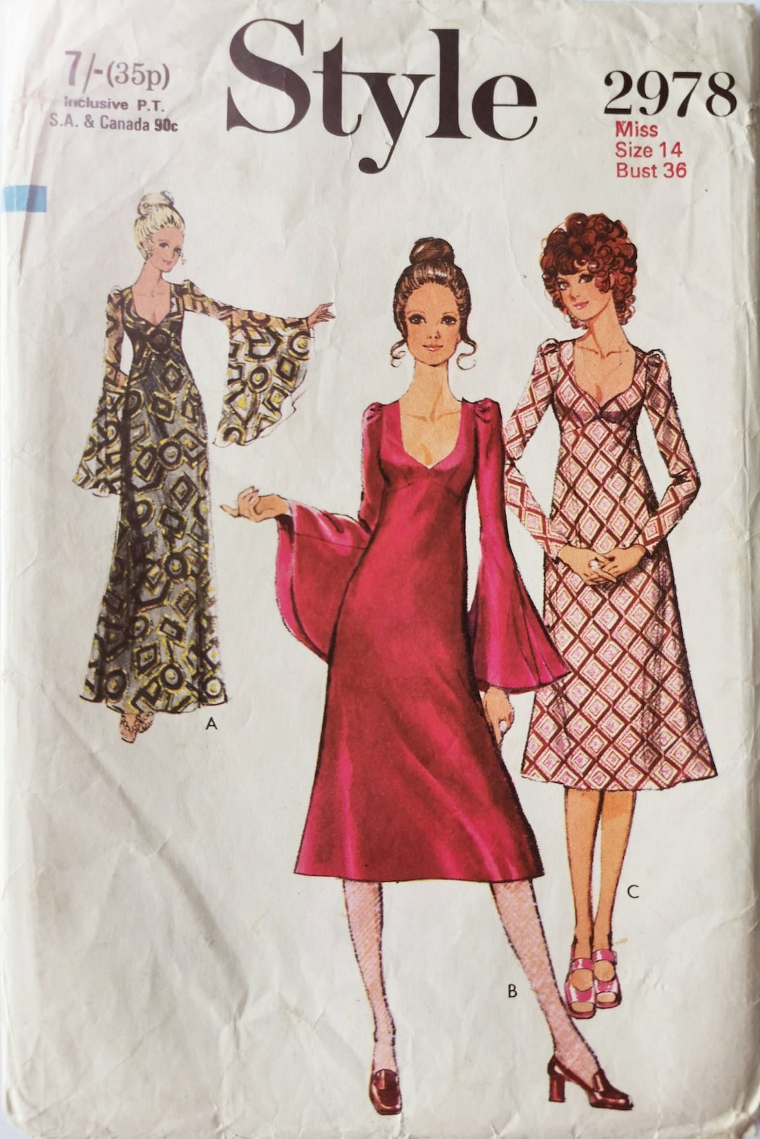 Vintage 1970s Style Dress Pattern 2978 PDF Instant Digital Download A4 Size  Print at Home Size 14 Bust 36 