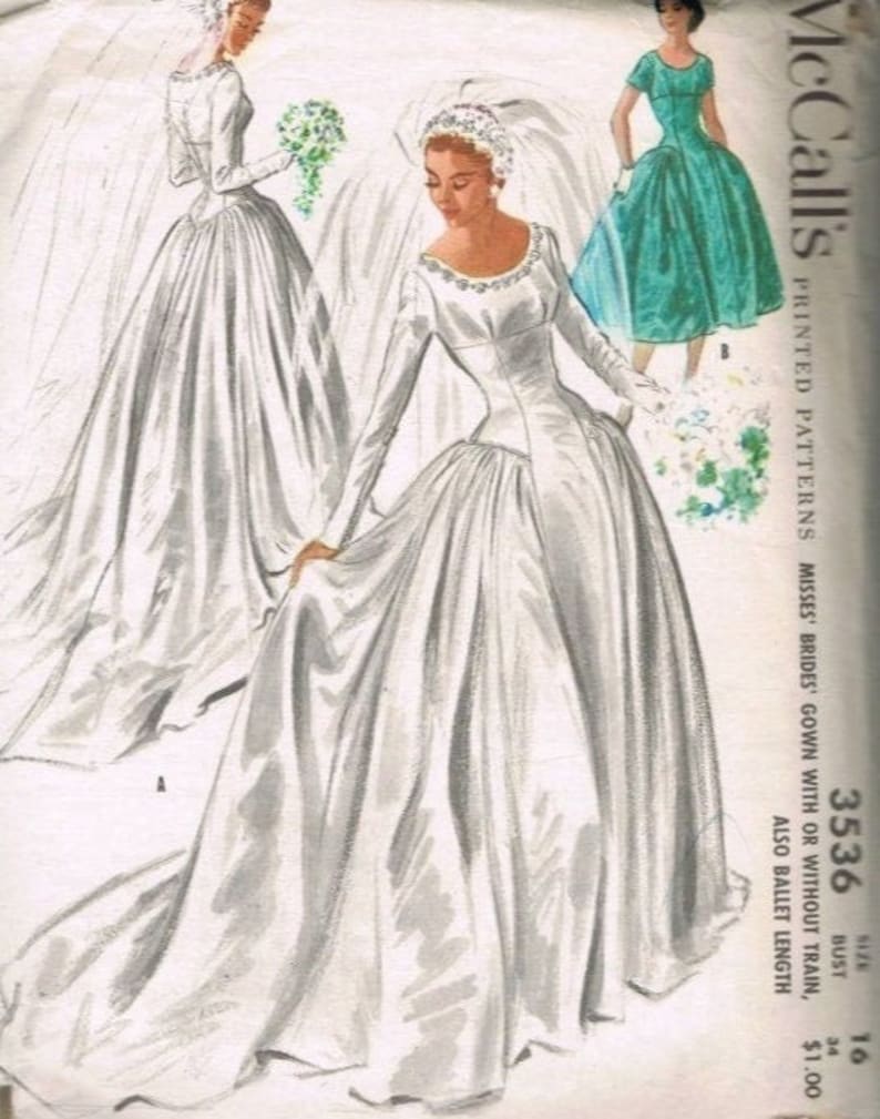 1950s Sewing Patterns | Dresses, Skirts, Tops, Mens     Vintage 1950s McCalls Wedding Bridal Bridesmaids Dress Pattern 3536 PDF Instant Digital Download A4 Size Print At Home Size 16 Bust 34  AT vintagedancer.com