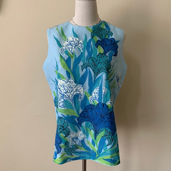 Vintage 60s 70s MR DINO Blue Iris Floral Print Top