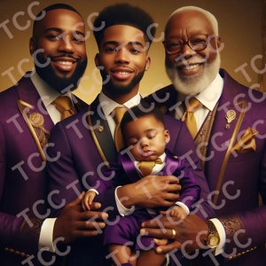 Quatro gerações de homens Omega Psi Phi, inspirados em fraternidades, arte de IA para impressão