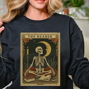 Book Lovers Tshirt,The Reader Tarot Card Shirt, Skeleton Reading Shirt, Unisex Tarot Card Shirt, Book Lover Gift, Bookish Gift