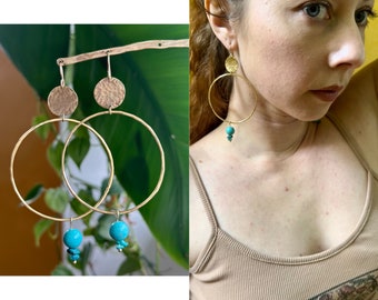 Turquoise Bronze & high quality turquoise precious stone shiny gold geometric bohemian earrings statement or everyday dangle hypoallergenic