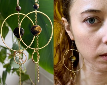Tiger's Eye Bronze & gold dangle earrings bohemian geometric chain hypoallergenic statement or everyday wear shiny handmade