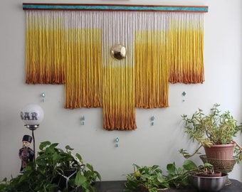 Large Bohemian Macrame Fiber Art Wall Hanging with Ombre Fade Plant Dye, Metal Ornaments, Hammered Bronze, Patina Metal Art, Tactile