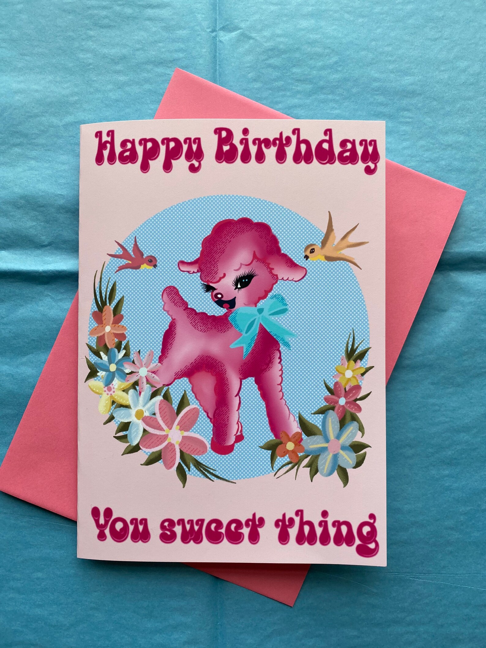 Midcentury Kitsch Cute pastel rose agneau joyeux anniversaire Etsy