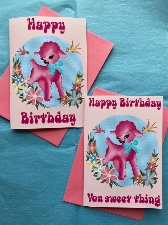 Midcentury Kitsch Cute pastel rose agneau joyeux anniversaire Etsy