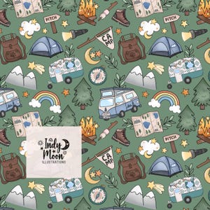 May include: A repeating pattern on a sage green background featuring camping illustrations including blue tents, brown backpacks, campfires, pine trees, mountains, rainbows, compasses, maps, flashlights, and campers with the text Indy Moon Illustrations.