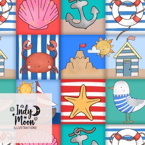 May include: A colourful illustration featuring beach-themed imagery, including a seashell, anchor, crab, sandcastle, starfish, seagull, and life preserver. The illustration is set against a background of blue and white stripes.