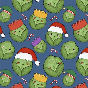 May include: A repeating pattern featuring cartoon Brussels sprouts with smiling faces, wearing festive hats and crowns, and interspersed with candy canes, set against a dark blue backdrop.