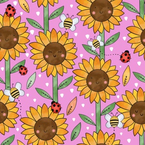 May include: A seamless pattern featuring smiling sunflowers with yellow petals and brown centres on a pink background. The pattern also includes ladybirds, bees, and leaves.