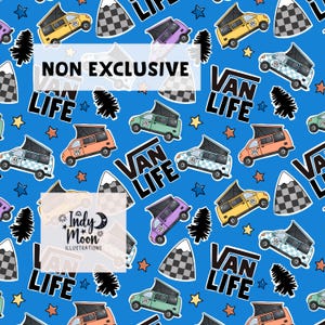 May include: A seamless pattern on a bright blue background featuring colourful camper vans, black pine tree silhouettes, checkered mountain peaks, and small stars. The text VAN LIFE is repeated throughout, along with the text NON EXCLUSIVE.