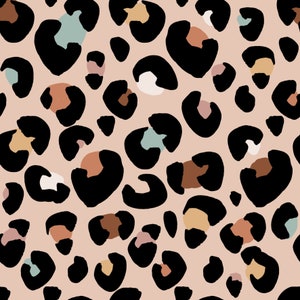 May include: A seamless pattern featuring a leopard print design in black, brown, and beige on a light pink background. The pattern is made up of various sized spots and is perfect for use in fashion, home decor, and other creative projects.