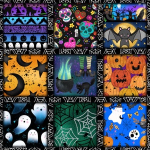 May include: A digital collage of nine different Halloween themed patterns. The patterns include ghosts, bats, pumpkins, spiders, witches, and skulls. The patterns are all set against a black background with white spiderwebs.