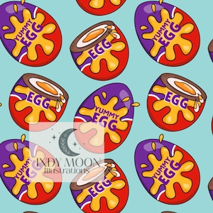 May include: Seamless pattern featuring cartoon Easter eggs with purple tops, red bottoms, and yellow yolk splashes. The eggs have the words "Yummy Egg" and "Egg" printed on them. The background is a light blue color.