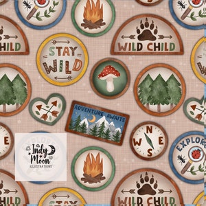 May include: A seamless pattern featuring various illustrated patches with a nature theme. The patches include a compass, a campfire, a mushroom, a heart with arrows, a mountain range, a bear paw print, and a magnifying glass with a ladybug. The text on the patches includes "Stay Wild", "Wild Child", "Adventure Awaits", and "Explore".