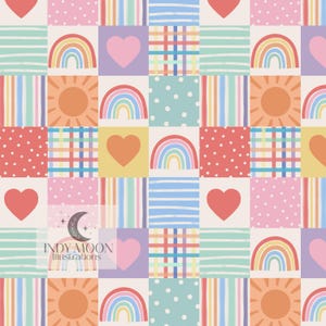 May include: A colorful patchwork pattern featuring rainbows, hearts, suns, and stripes in a variety of pastel colors. The design includes polka dots and plaid squares, creating a cheerful and whimsical aesthetic. The text "INDY MOON ILLUSTRATIONS" is at the bottom.