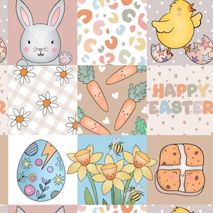 May include: An Easter-themed patchwork design with a bunny, chick, carrots, daisies, eggs, daffodils, bees, and a hot cross bun. The words "Happy Easter" are also included. The design uses pastel colors and cartoon illustrations.
