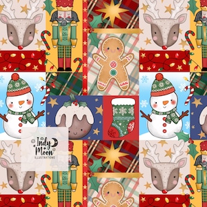 Könnte beinhalten: Festliches Weihnachtsmuster mit Patchwork-Design. Das Design umfasst einen Schneemann, ein Rentier, einen Lebkuchenmann, einen Nussknacker, einen Weihnachtsstrumpf und Stechpalmen. Die Farbpalette umfasst Rot, Grün, Gold und Blau.