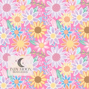 Może przedstawiać: Żywy wzór kwiatowy z różnorodnymi kolorowymi kwiatami w odcieniach różu, żółci, pomarańczy, błękitu i fioletu. Projekt zawiera liście i łodygi na różowym tle. Widoczny jest tekst "INDY MOON ILLUSTRATIONS".