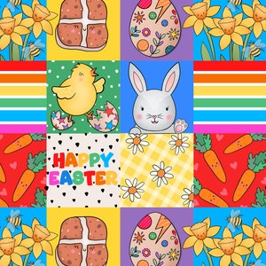 May include: A vibrant Easter-themed design with cartoon illustrations. The pattern includes daffodils, bees, carrots, eggs, a chick hatching, a bunny, and the text "Happy Easter". The background is a patchwork of various colours and patterns.