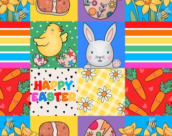 Easter patchwork - Fun  , bunny, chick, carrot , eggs easter print -  Print pattern digital download commercial license ,Non exclusive