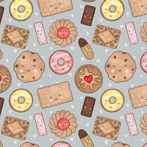 May include: A repeating pattern of various cartoon cookies and pastries on a light gray background with white polka dots. The cookies include chocolate chip, shortbread, and sandwich cookies, all with smiling faces. The color palette is soft and inviting.