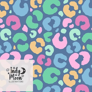 May include: A seamless pattern featuring pastel blue, pink, green, and yellow leopard spots on a blue background. The pattern is perfect for fabric, wallpaper, or other creative projects. The text "Indy Moon Illustrations" is in the bottom left corner.