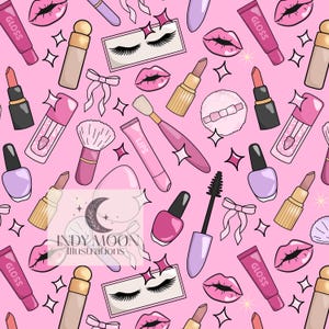 Make up brushes cute lipgloss pink background - seamless pattern design - digital download