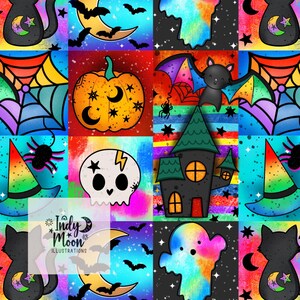 May include: A repeating pattern fabric featuring Halloween motifs including black cats with crescent moons, orange pumpkins, rainbow-coloured spider webs, a skull with a lightning bolt, a haunted house, ghosts, and bats against vibrant, multi-coloured backgrounds.