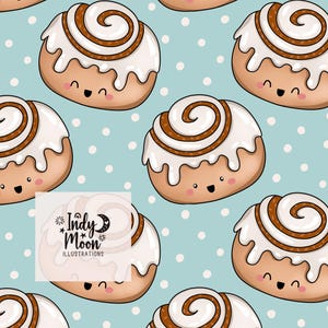 Könnte beinhalten: Ein sich wiederholendes Muster aus Cartoon-Zimtschnecken mit weißem Zuckerguss und lächelnden Gesichtern. Die Brötchen sind braun und weiß, vor einem hellblauen Hintergrund mit weißen Punkten. Der Text "Indy Moon Illustrations" befindet sich in der unteren linken Ecke.