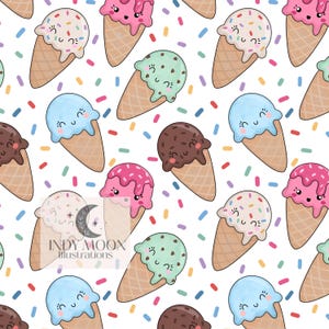 May include: A repeating pattern of cartoon ice cream cones with smiling faces and colorful sprinkles on a white background. The ice cream flavors include pink, blue, green, brown, and vanilla.