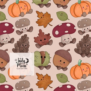 May include: A repeating pattern of autumn-themed illustrations. The design features smiling pumpkins, mushrooms, leaves, pinecones, acorns, and chestnuts in warm colours like orange, brown, and green, set against a light pink background. The text "Indy Moon Illustrations" is also present.