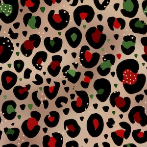 May include: A seamless pattern featuring a leopard print design with black spots, red and green accents on a beige background.