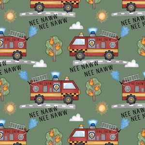 Puede incluir: Un patrón sin costuras que presenta camiones de bomberos rojos con escaleras, mangueras de agua azules y el texto "NEE NAWW" sobre un fondo verde. El patrón también incluye soles amarillos, nubes blancas y árboles verdes con llamas naranjas.