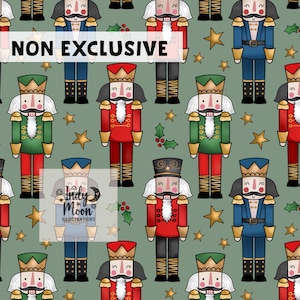 May include: A repeating pattern on a sage green background featuring illustrated nutcrackers in red, blue, and green uniforms with gold accents, interspersed with gold stars and holly sprigs. The text NON EXCLUSIVE and Indy Moon Illustrations appear.