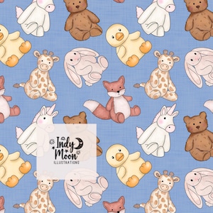 Puede incluir: Un patrón repetitivo sobre un fondo azul con ilustraciones de animales de peluche que incluyen osos marrones, patos amarillos, conejos rosas, jirafas manchadas, unicornios y un zorro. Un cuadrado blanco muestra el texto Indy Moon Illustrations.