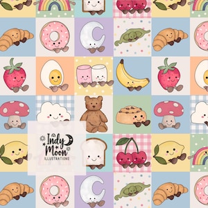 May include: A repeating pattern of cute, anthropomorphic food and nature illustrations including croissants, doughnuts, strawberries, mushrooms, bananas, cherries, and a teddy bear. The text Indy Moon ILLUSTRATIONS is centred.