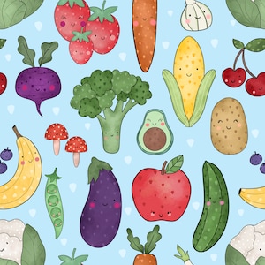 Puede incluir: Un patrón colorido de varias frutas y verduras con caras felices. El patrón incluye fresas, una zanahoria, maíz, aguacate, una patata, un pepino, un plátano, una manzana, brócoli, una berenjena, una remolacha y guisantes.