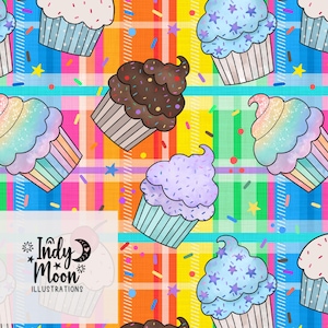 Puede incluir: Un patrón colorido con cupcakes con varios colores de glaseado y chispas. Los cupcakes están colocados sobre un fondo a cuadros con una mezcla de colores brillantes, incluyendo rosa, amarillo, azul y verde. La imagen también incluye el texto "Indy Moon Illustrations".