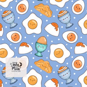 May include: A seamless pattern featuring cartoon eggs in various styles, including fried eggs, eggs in egg cups, and scrambled eggs. The background is a light blue with white polka dots. The pattern is perfect for kitchen decor, fabric, or wrapping paper.