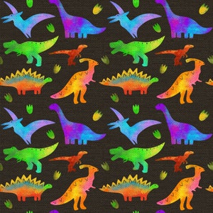 May include: A seamless pattern featuring colorful watercolor dinosaurs on a dark brown background. The dinosaurs include a stegosaurus, a brachiosaurus, a triceratops, a pterodactyl, and a tyrannosaurus rex. The pattern is perfect for fabric, wallpaper, or wrapping paper.