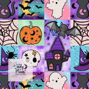 May include: A seamless pattern featuring various Halloween icons, including a ghost, a bat, a pumpkin, a spider web, a skull, a witch's hat, a haunted house, and a black cat. The background is a mix of pastel colours with stars and glitter.