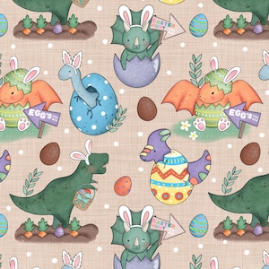 May include: A seamless pattern featuring a variety of dinosaurs dressed in bunny ears and holding Easter eggs. The dinosaurs are in various colours, including green, blue, orange, and purple. The background is a light brown with white polka dots. The text "Easter Hunt This Way" and "Egg's The Way" are featured on signs.