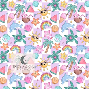 May include: A repeating pattern featuring summer-themed illustrations. The design includes cartoon dolphins, turtles, rainbows, ice cream cones, palm trees, and smiling suns wearing sunglasses. The background is a checkered pattern of white and light purple squares.