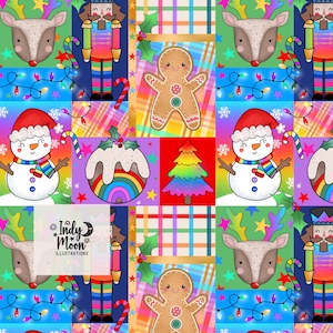 May include: A colorful Christmas-themed pattern featuring a patchwork design with festive illustrations. The design includes a reindeer, snowman, gingerbread man, Christmas tree, and nutcracker. The pattern incorporates candy canes, string lights, and holly accents.