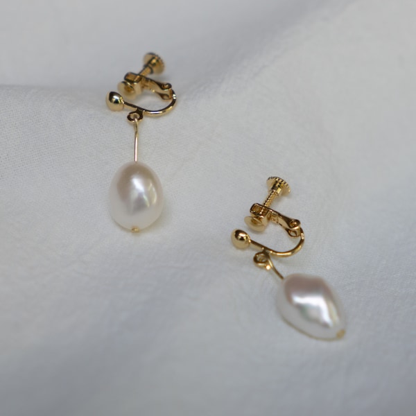 Genuine Pearl Earring | Baroque Pearl | Drop Earring | Clip-on Earring | No Piercing | Freshwater Pearl Jewelry | Minimalist